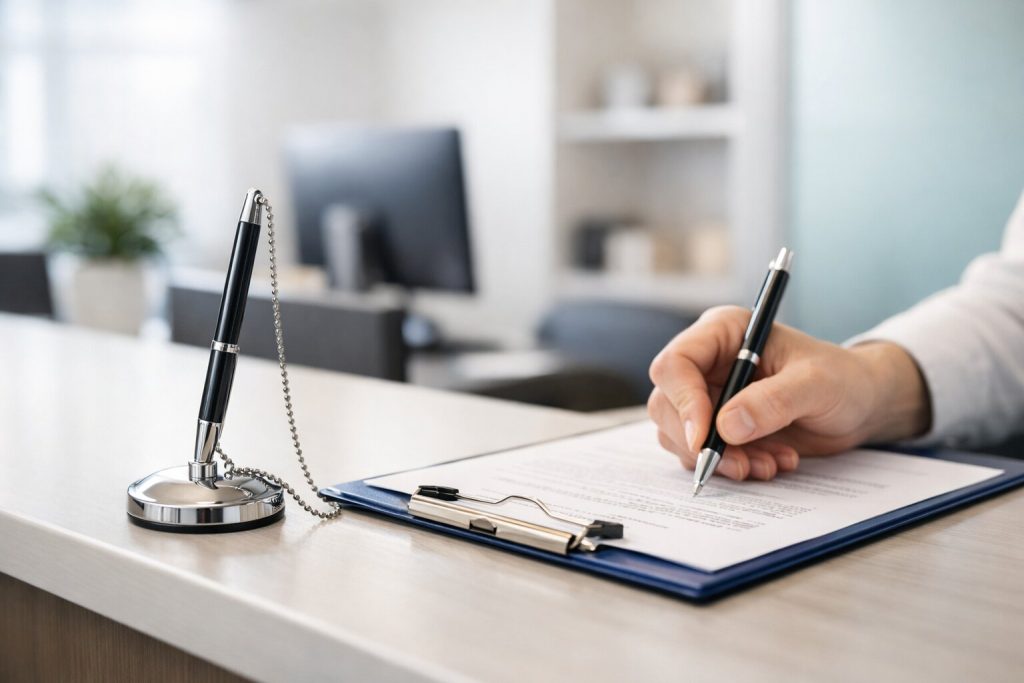 Ügyféltoll lánccal irodai recepción dokumentum aláírásához